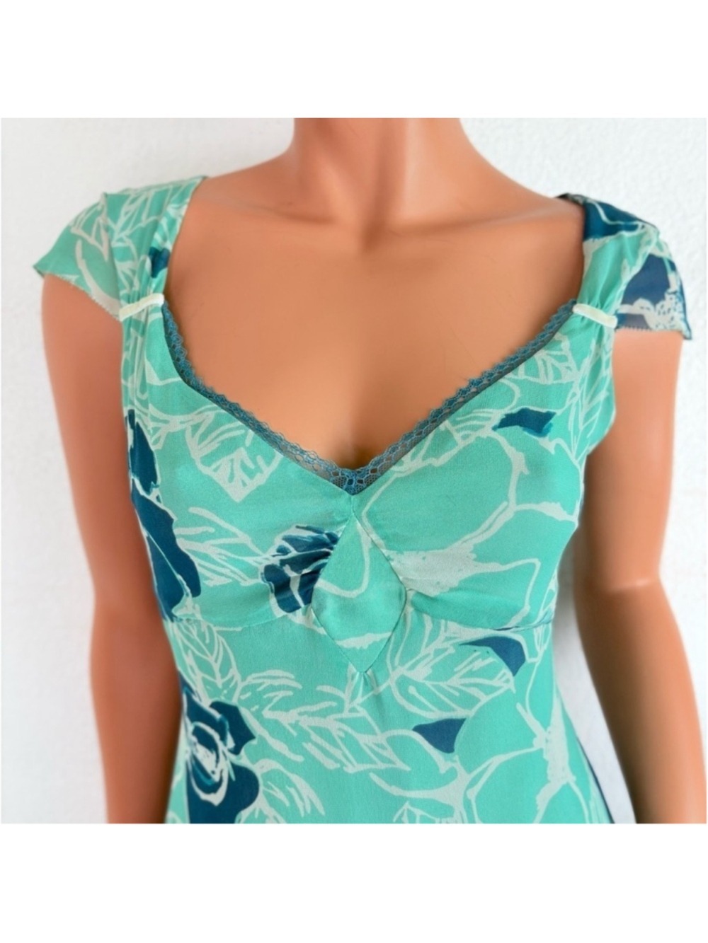 Odille 100 Silk Sheer Drop Waist Dress 6 Teal Floral Velvet Lace 90s Whimsigoth - Picture 3 of 16